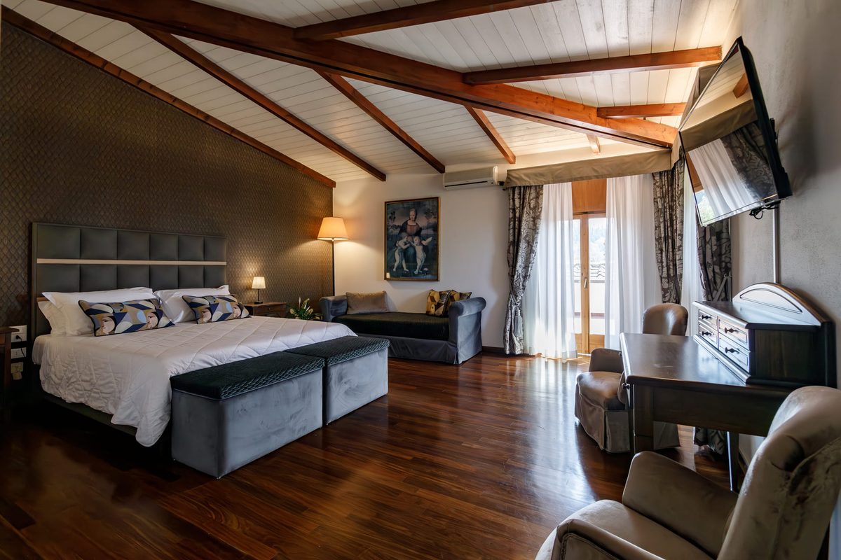 A villa suite with beamed ceilings