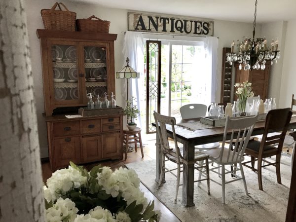 ANTIQUES sign, china cabinet, chippy column, farmhouse table - House on Winchester