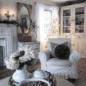 Family room winter decor using greenery - House on Winchester