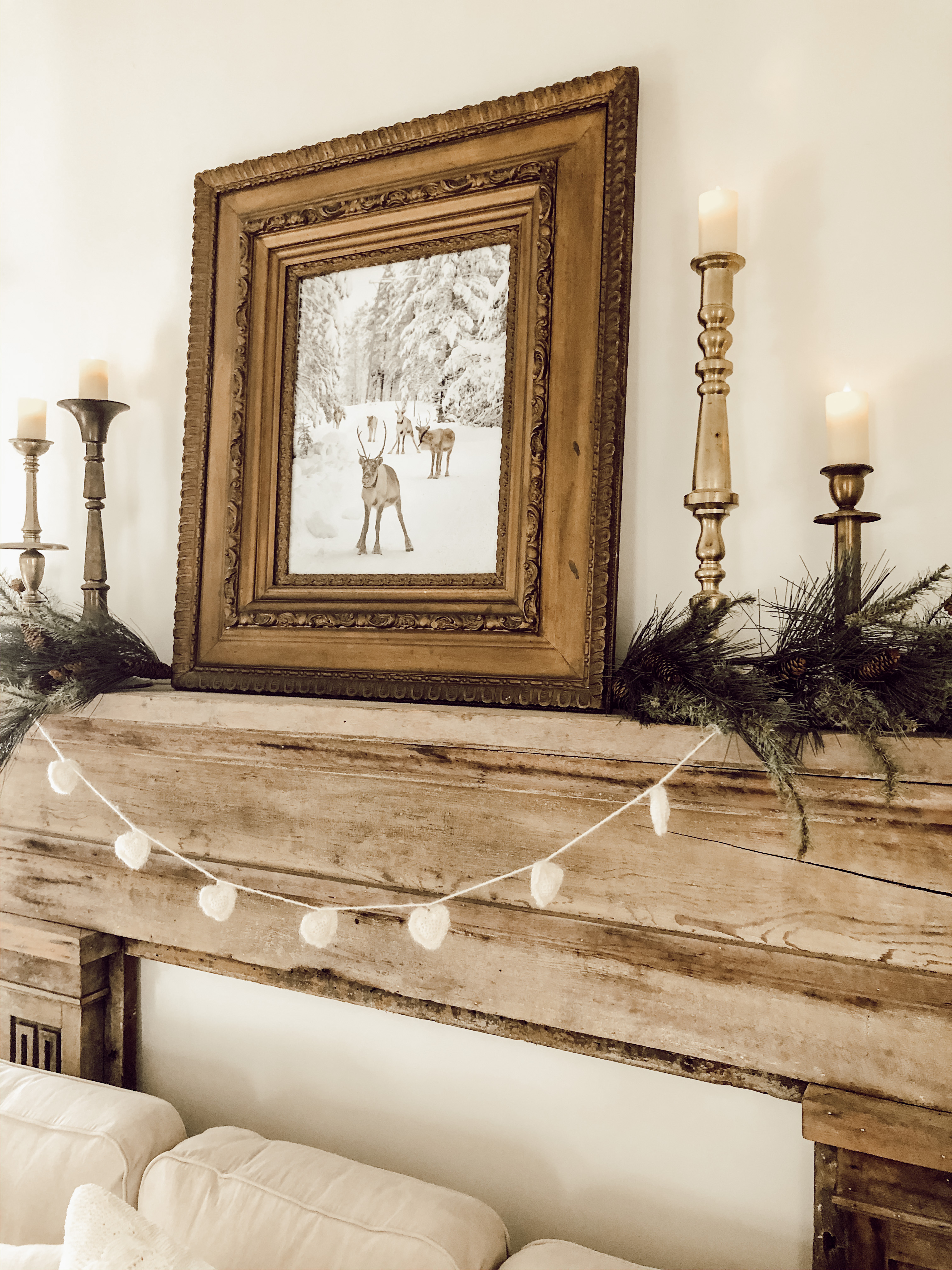 Antique Fireplace mantel and reindeer picture