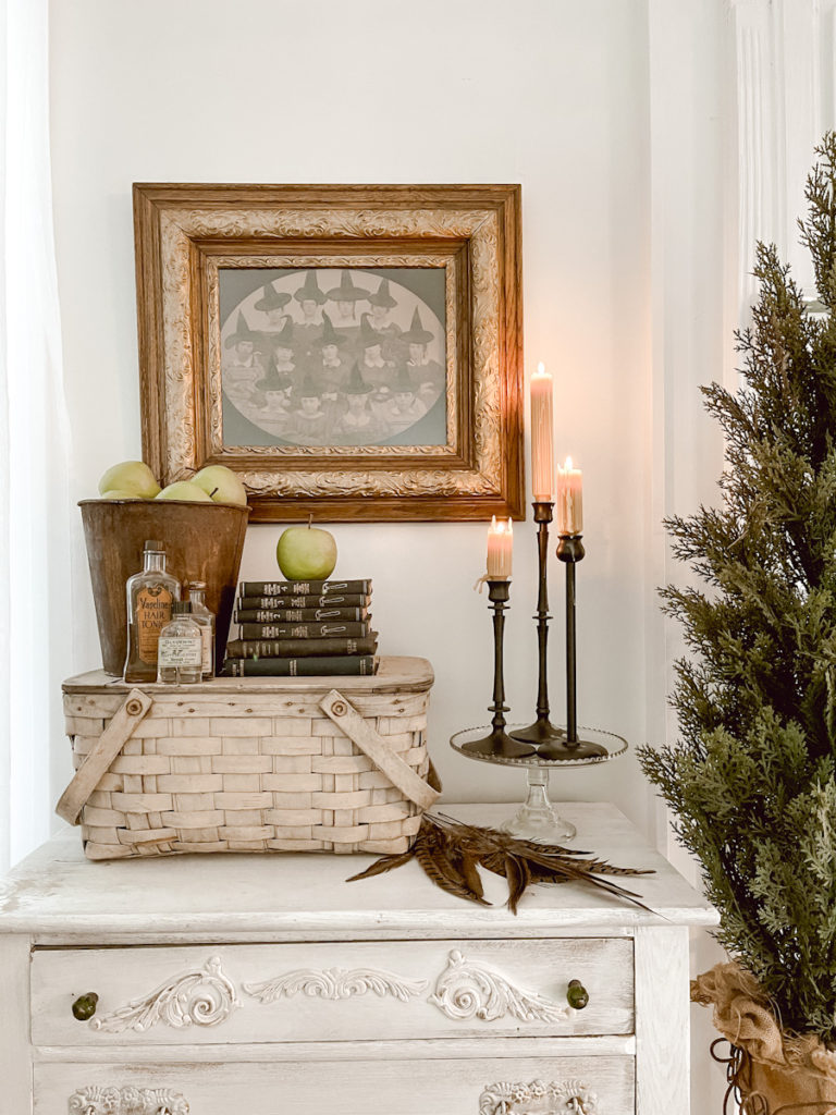 Halloween Side Table Decor with Vintage Witch Photo - Deb and Danelle