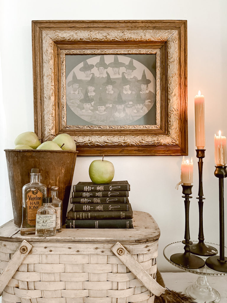 Halloween Side Table Decor with Vintage Witch Photo - Deb and Danelle