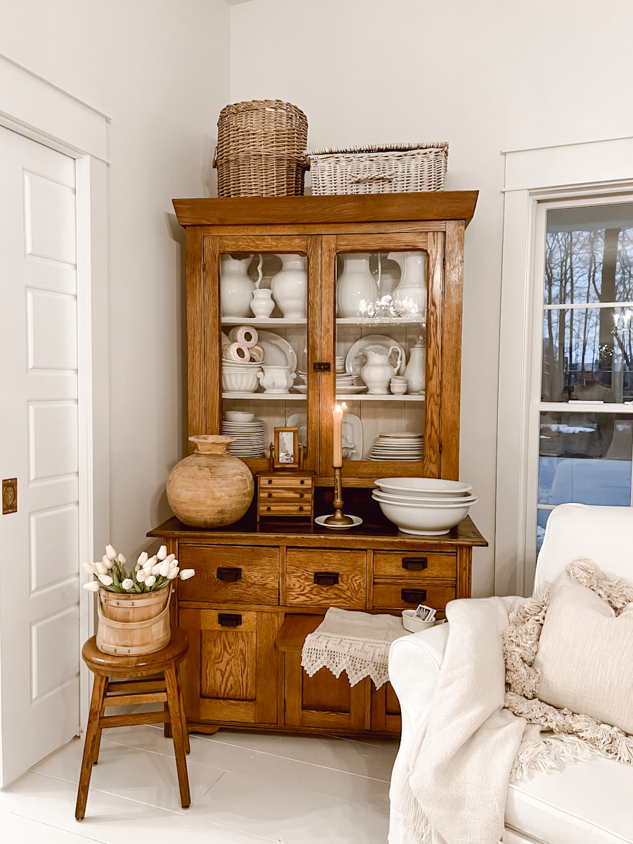 Antique Vintage Woods and Whites Living Room decor - Deb and Danelle