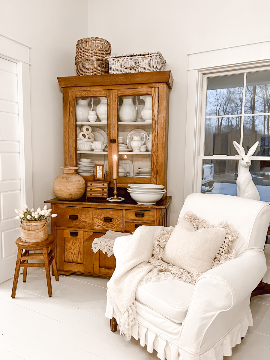 Antique Vintage Woods and Whites Living Room decor - Deb and Danelle