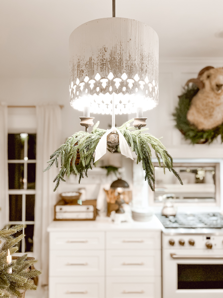 Evergreen Sprays on our Kitchen Pendants and Different Ideas for Them