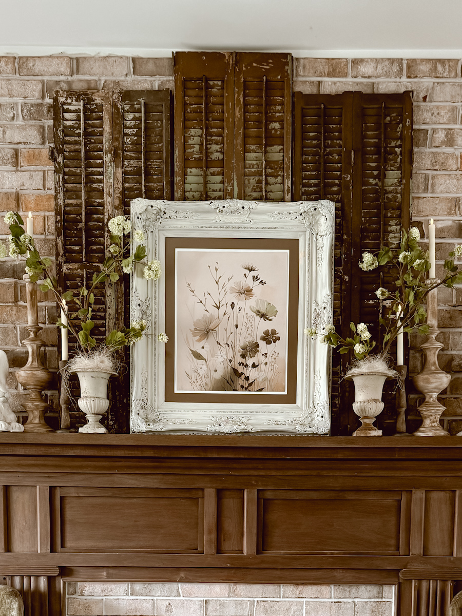 Spring Mantel Layered look using old shutters
