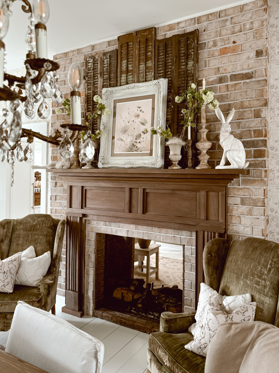 Spring mantel look using layers of old shutters